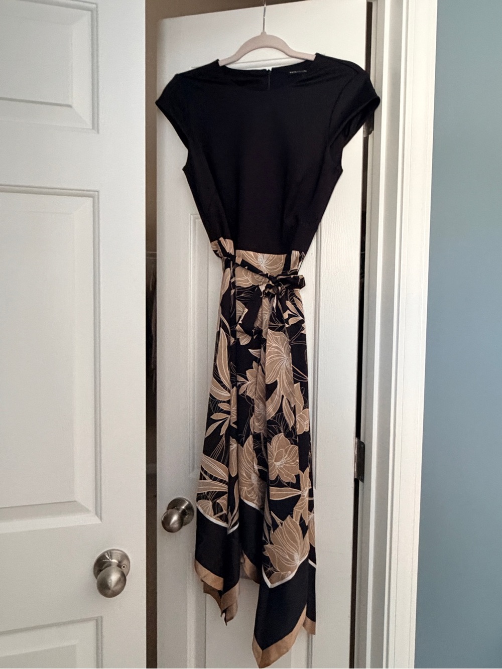 White House Black Market Black Dress with Tan Floral Handkerchief Hem